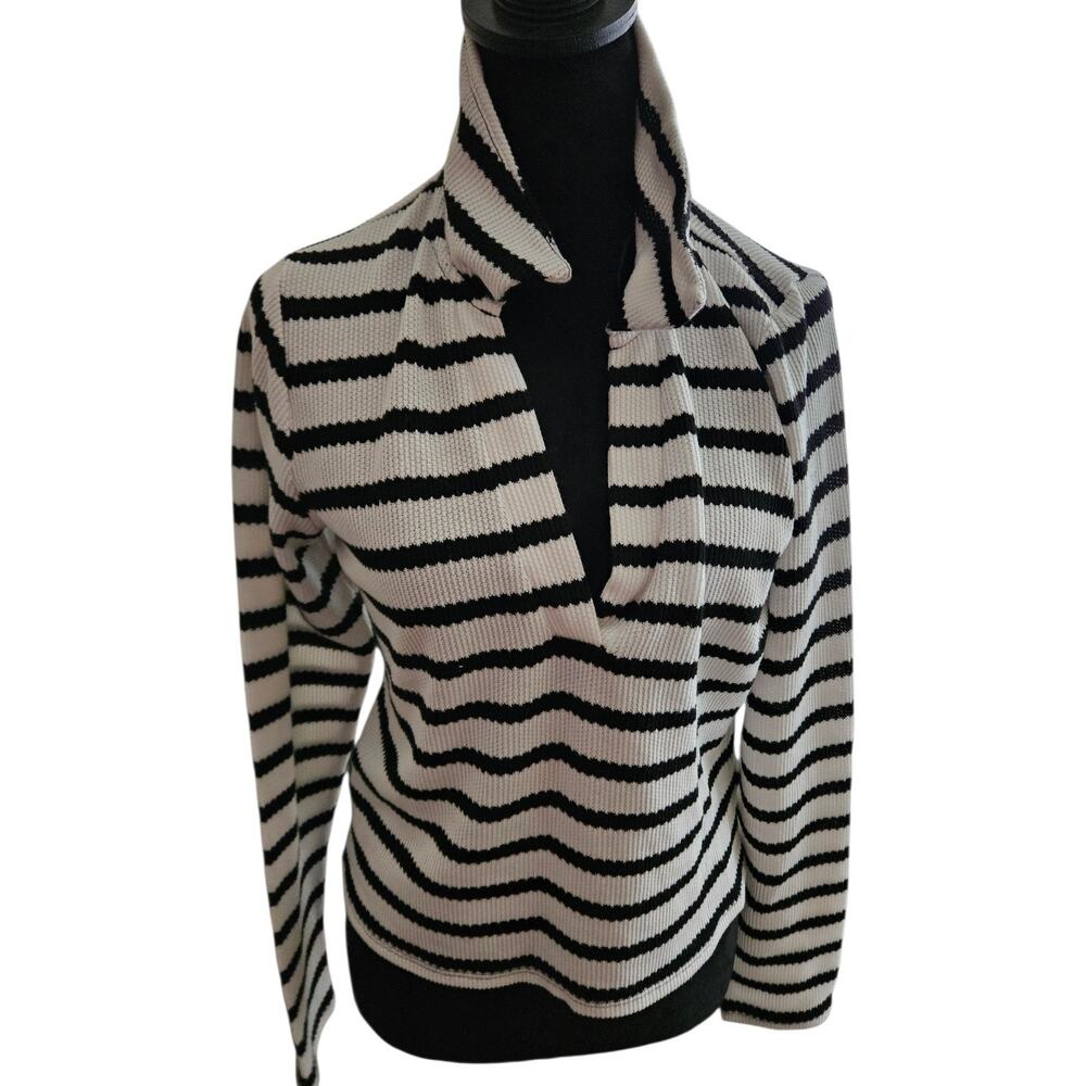 H&M Striped Rib Knit Polo Top Black and White Stripe V-Neck Collar Long Sleeve M
